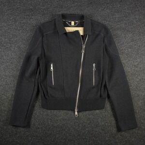 Burberry Brit Womens Black Ribbed Asymmetric Moto Full Zip Knit Jacket Size M
